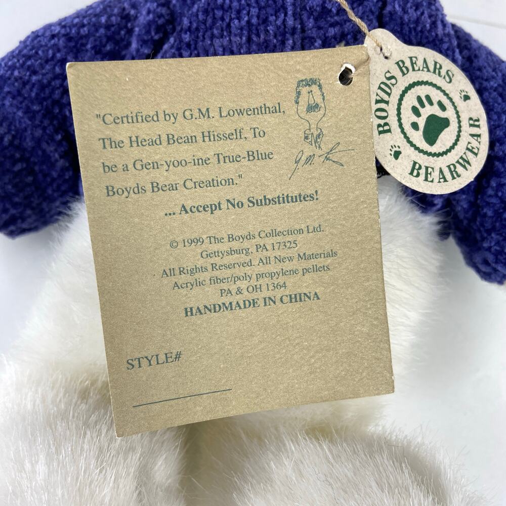 Boyds Collection 1999 20th Anniversary White Bear Plush Toy Blue Sweater 8" - Picture 7 of 12